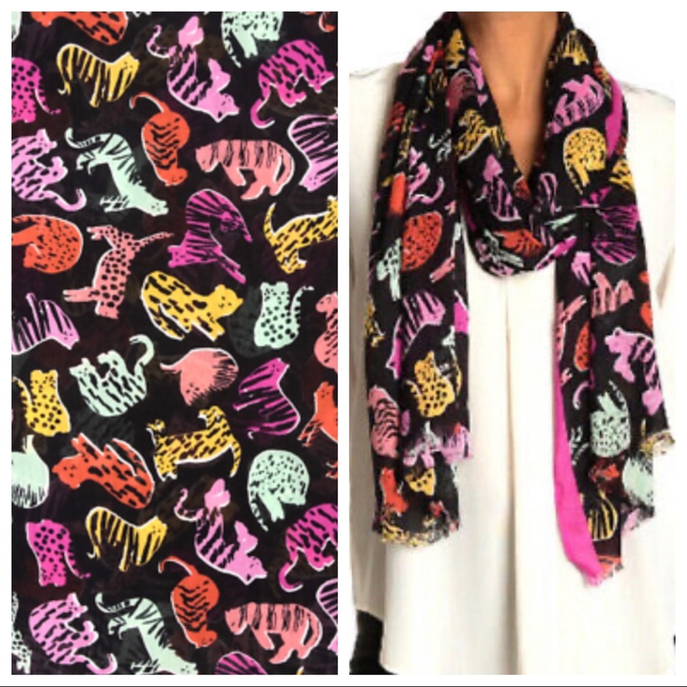 KATE SPADE Black Fuchsia Glow Cat Print Fringe Trim Oblong Signature Scarf